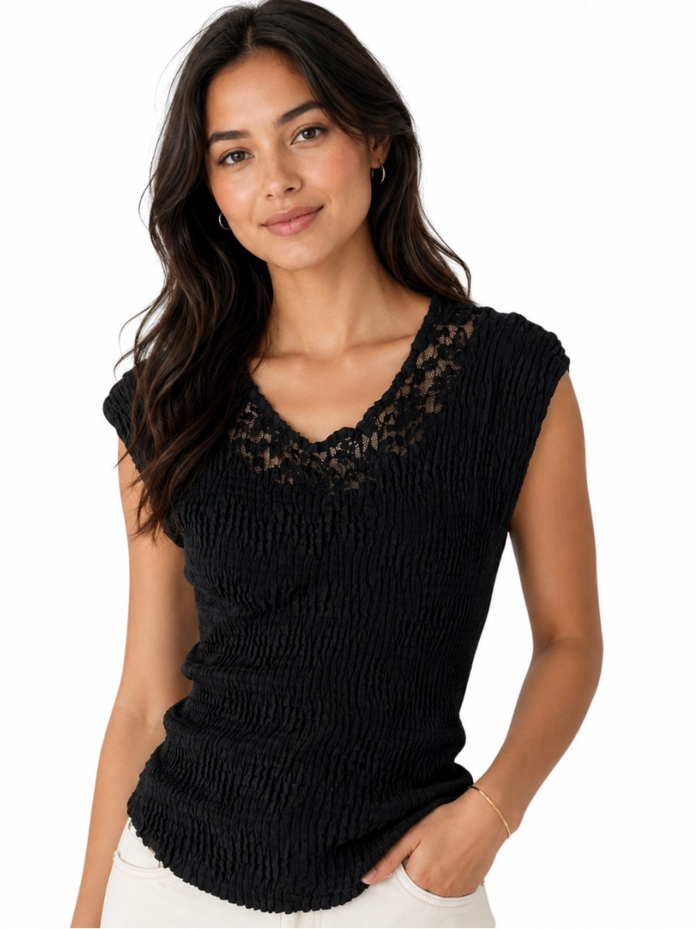 NICOLA Black Lace Neckline Y2K Vintage Krinkle Short Sleeve Blouse NWT